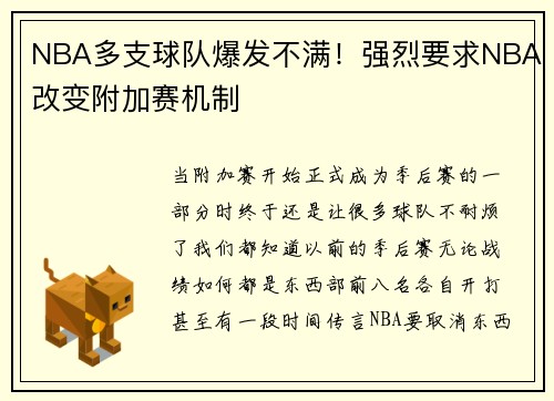 NBA多支球队爆发不满！强烈要求NBA改变附加赛机制
